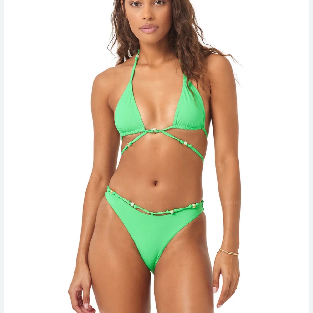 L*Space Vibrant Lime Green Brooke Boho Beaded Cheeky Bikini Bottom Large    NWT